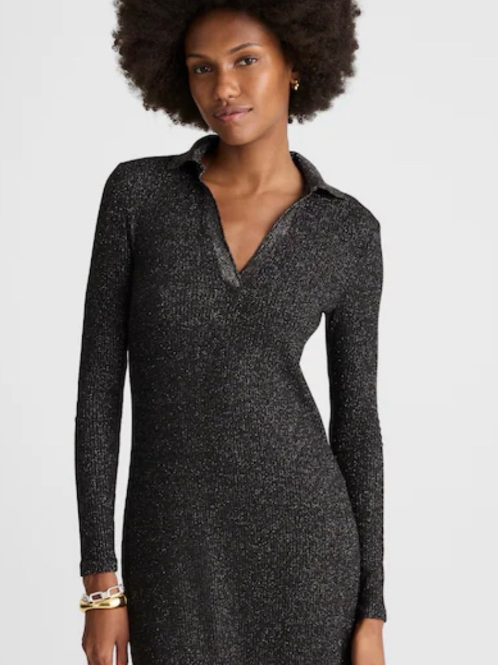 Madewell Black Lurex Glitter Knit Collared Long Sleeve Midi Dress
Sz S NY274 NWT